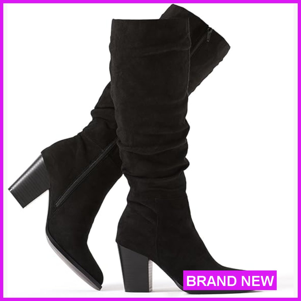 Pointed Toe Knee High Boots Faux Suede Slouch Chunky Heel Elegant